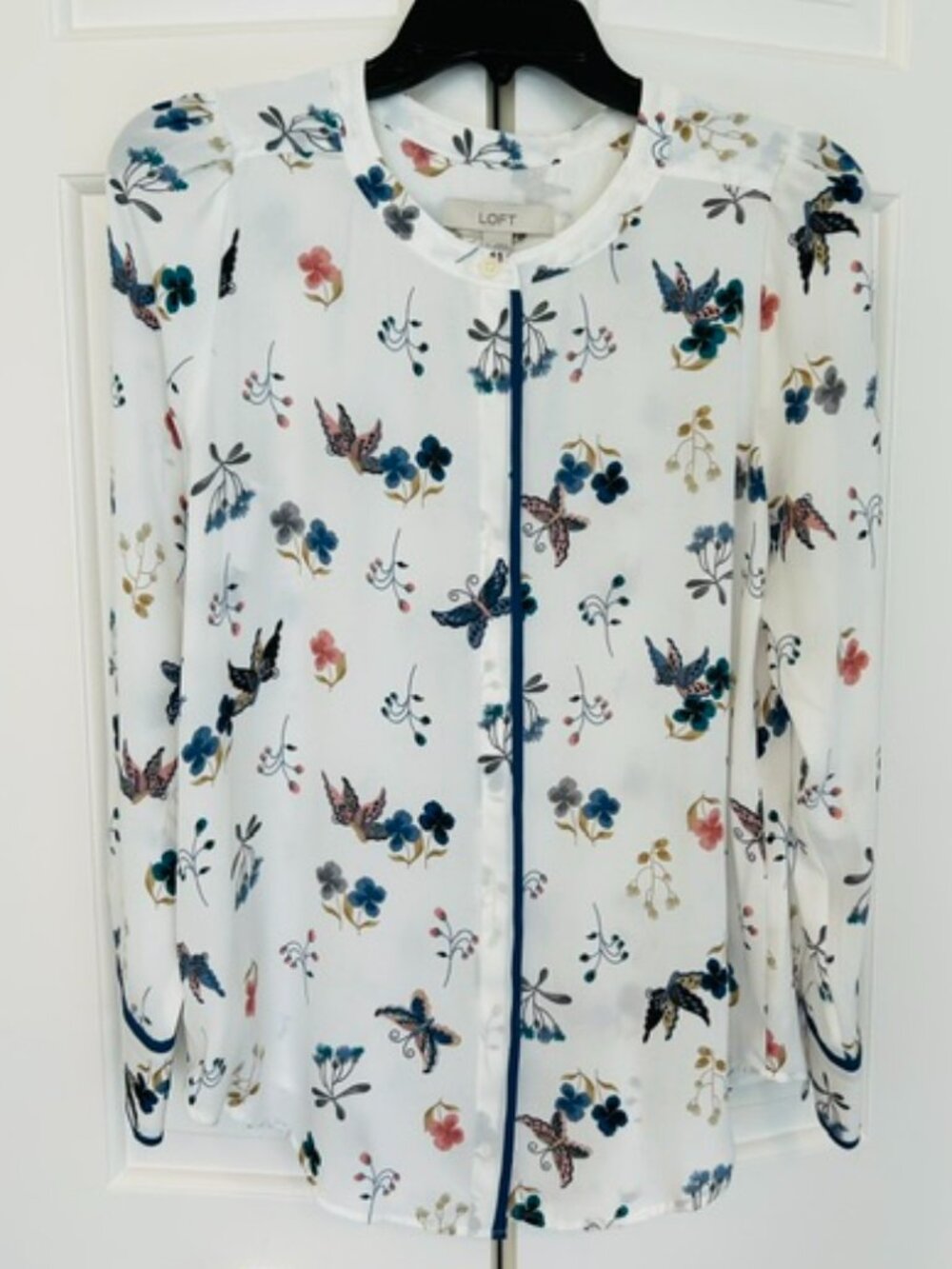 LOFT White Butterfly & Floral Print Long Sleeve Blouse Size S
